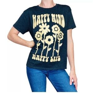 Modern Lux gray cream happy mind happy life Graphic Tee plant flowers XL
